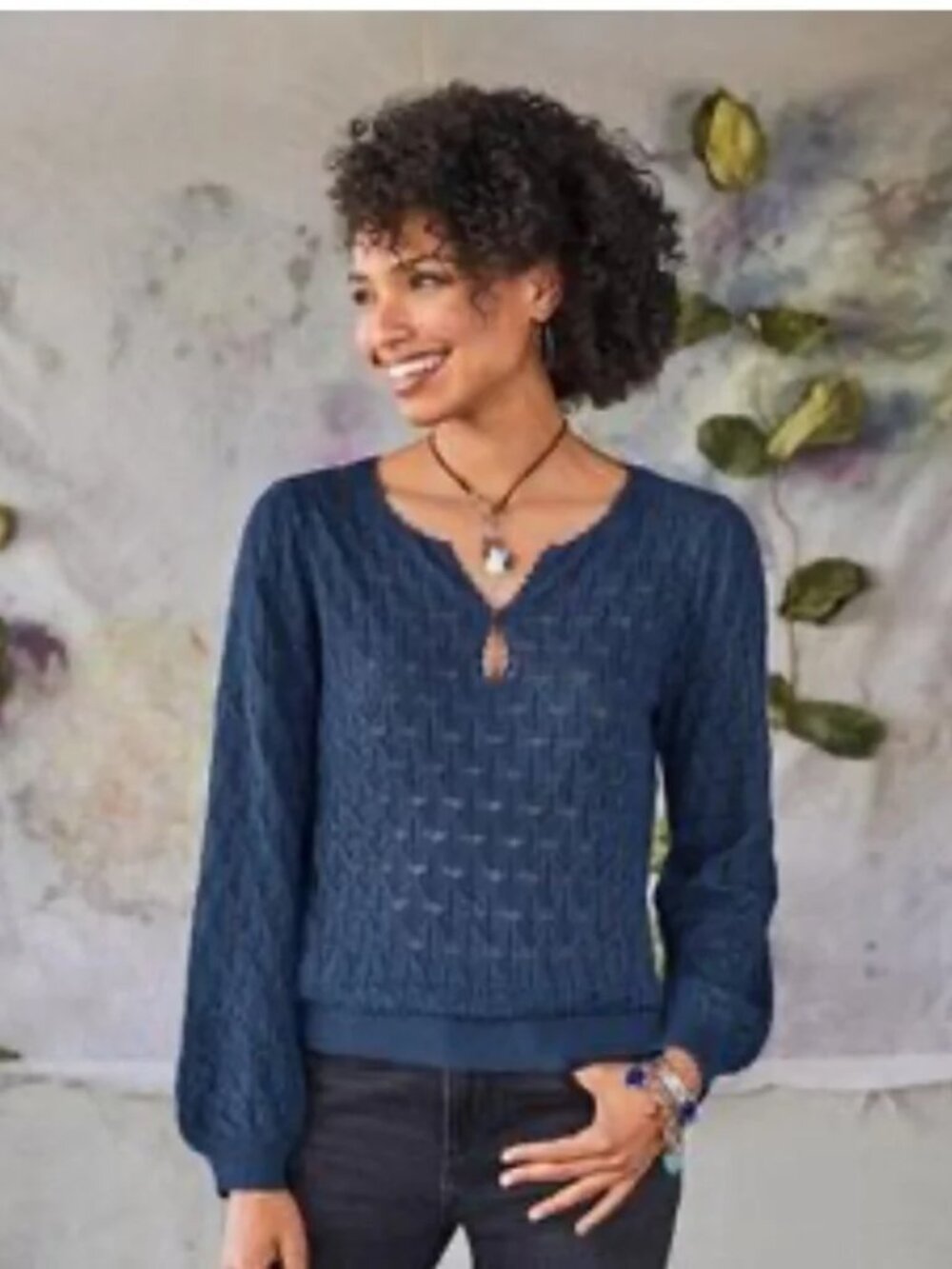 SUNDANCE CATALOG Pointelle, Keyhole Opening, Button, Pullover Sweater, Blue, XS